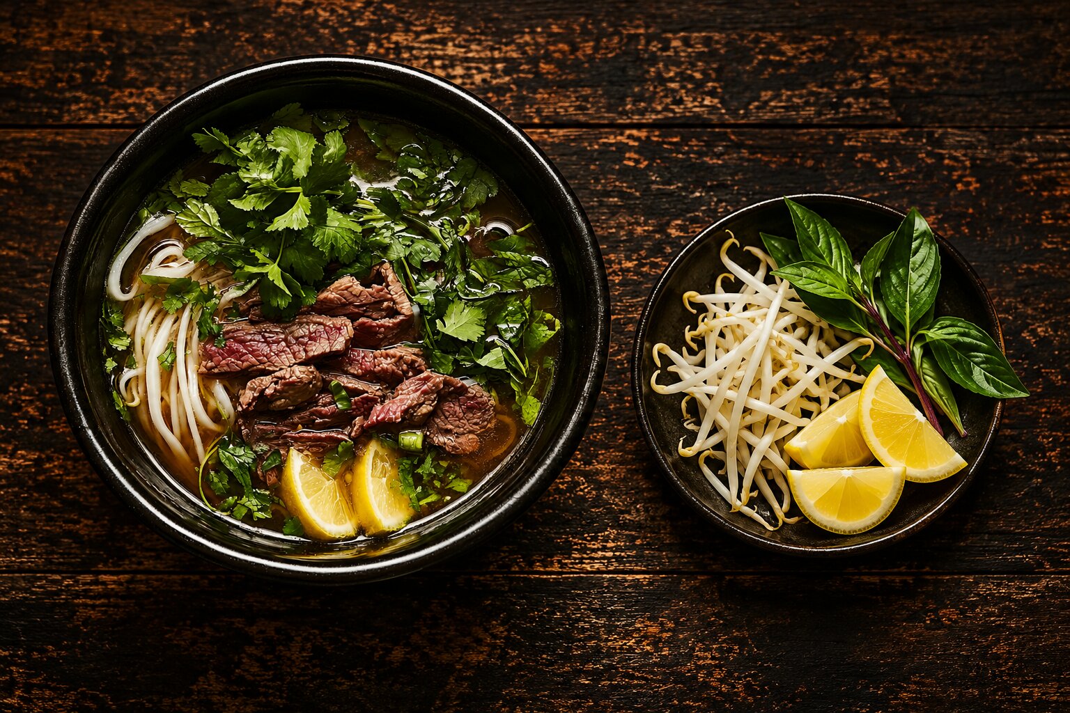 Pho with beef, bean sprouts, Thai basil and lemon