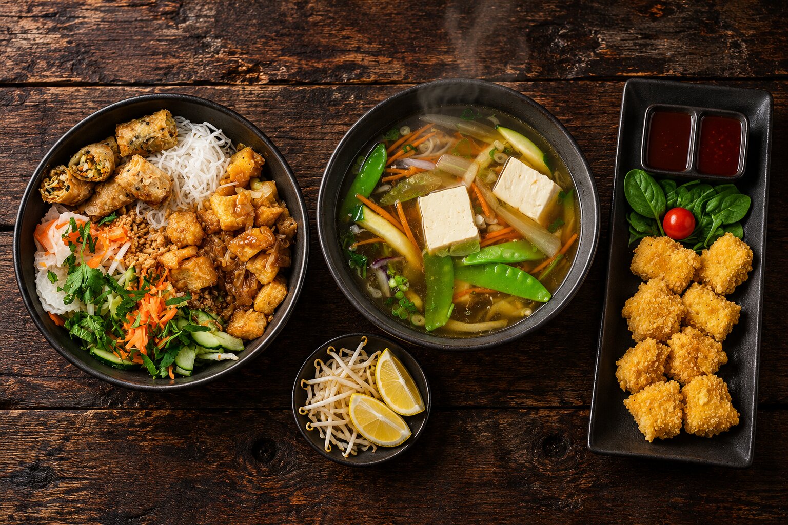 Bun mit Tofu, vegane Pho und Crispy Tofu von oben